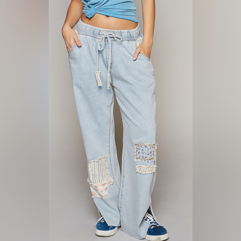 POL Light Blue Straight Leg Patchwork Jeans